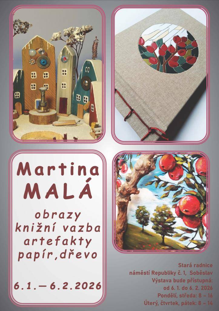 Výstava výtvarnice Martiny Malé vás uvede nejen do kouzelného světa dřevěných domečků. Tato výtvarnice zpracovává nejen dřevo, ale i papír, který přetváří do knižních vazeb a fotoalb.