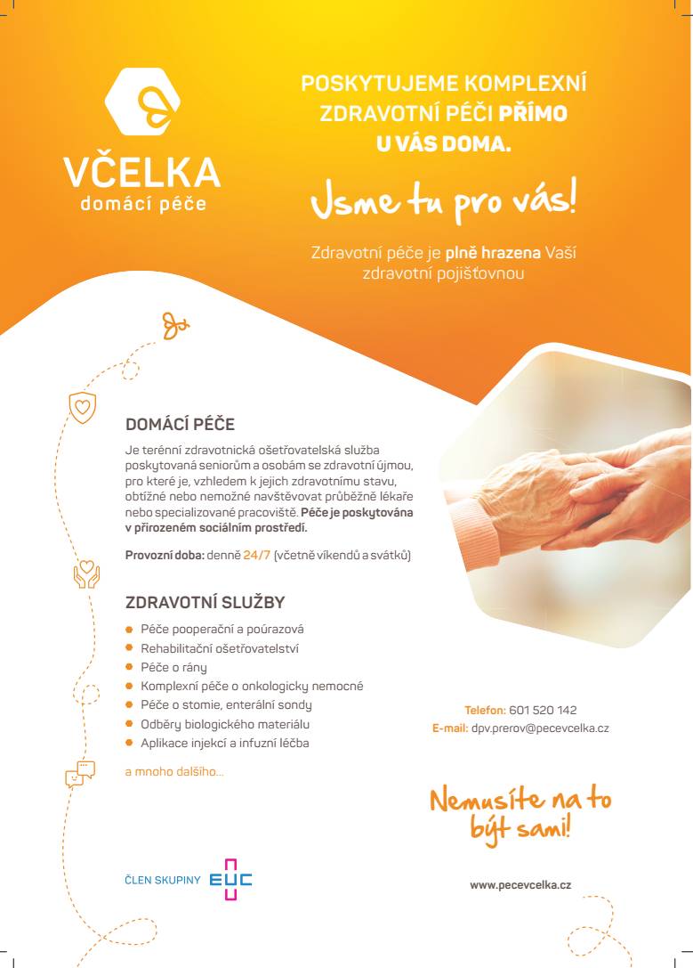 VČELKA domácí péče poskytuje komplexní zdravotní péči seniorům a osobám se zdravotní újmou.