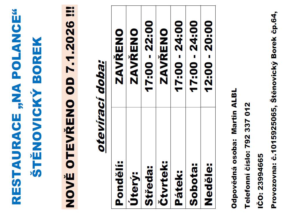 Otevírací doba od 7.1.2026.