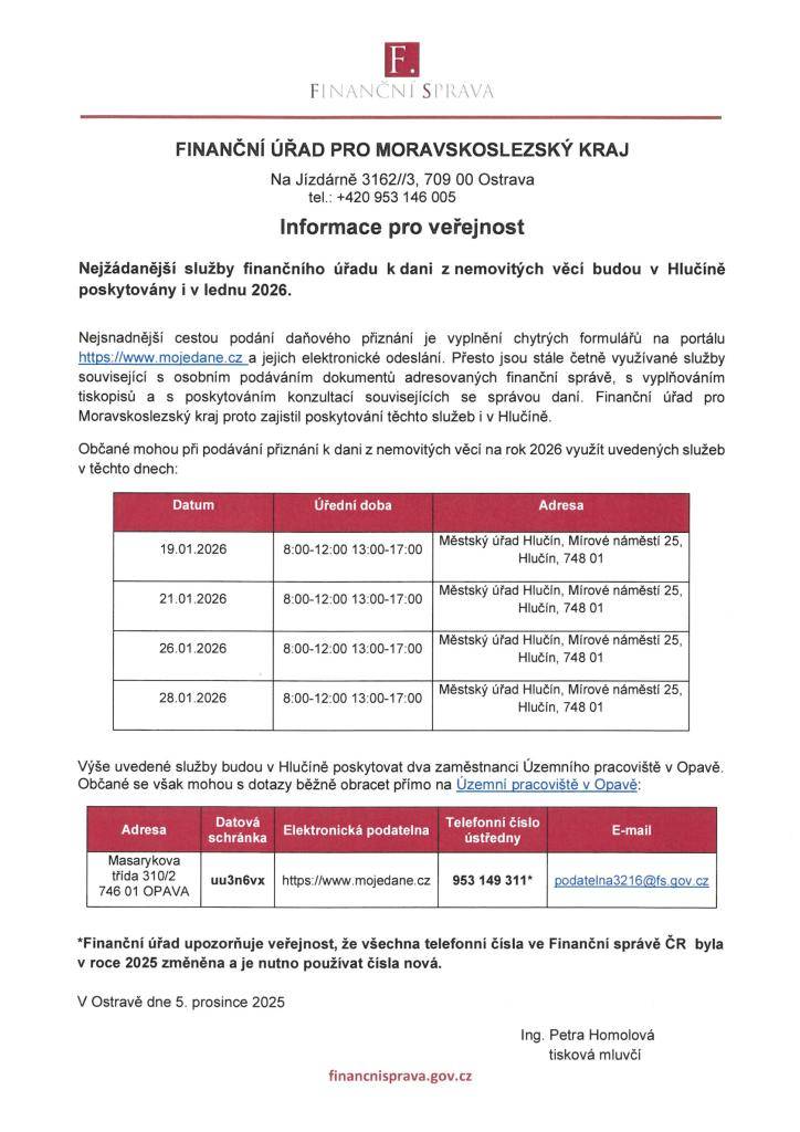 Nejžádanější služby finančního úřadu k dani z nemovitých věcí budou v Hlučíně poskytovány i v lednu 2026.