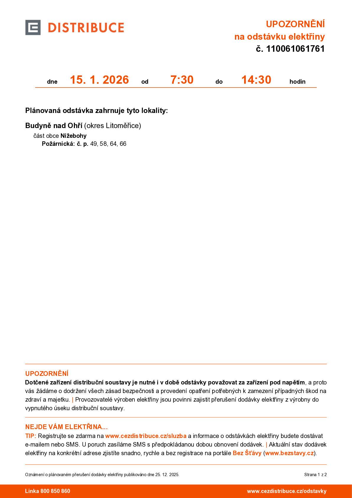 ČEZ Distribuce upozorňuje na odstávku elektřiny (viz.obrázek)