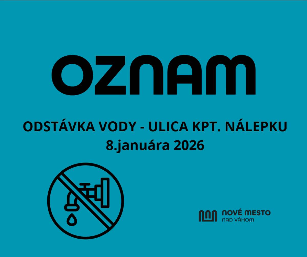 Spoločnosť TVK – Trenčianske vodárne a kanalizácie, a. s. nahlásila plánovanú odstávku pitnej vody, ktorá sa uskutoční vo štvrtok 8. 1. 2026 v čase od 8.00 do 14.00 hod. Odstávka sa bude týkať celej ulice Kpt. Nálepku. Dôvodom je porucha na vodovodnom potrubí pred bytovým domom č. 19, kde bude zároveň vykonaná aj nevyhnutná rozkopávka. Práce budú realizované bez obmedzenia dopravy. Spoločnosť TVK – Trenčianske vodárne a kanalizácie, a. s., sa spolu s mestom ospravedlňuje obyvateľom za dočasné obmedzenie dodávky vody a ďakuje za ich trpezlivosť a pochopenie.