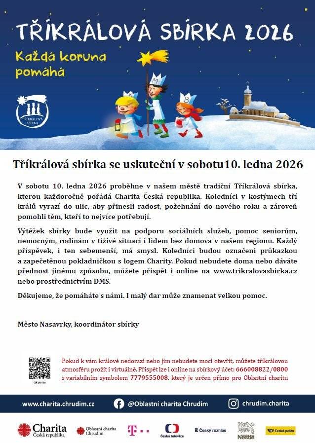 Tuto sobotu 10. ledna proběhne v Nasavrkách Tříkrálová sbírka, kterou každoročně pořádá Charita Česká republika. Přispějte na pomoc těm, kteří to nejvíce potřebují.