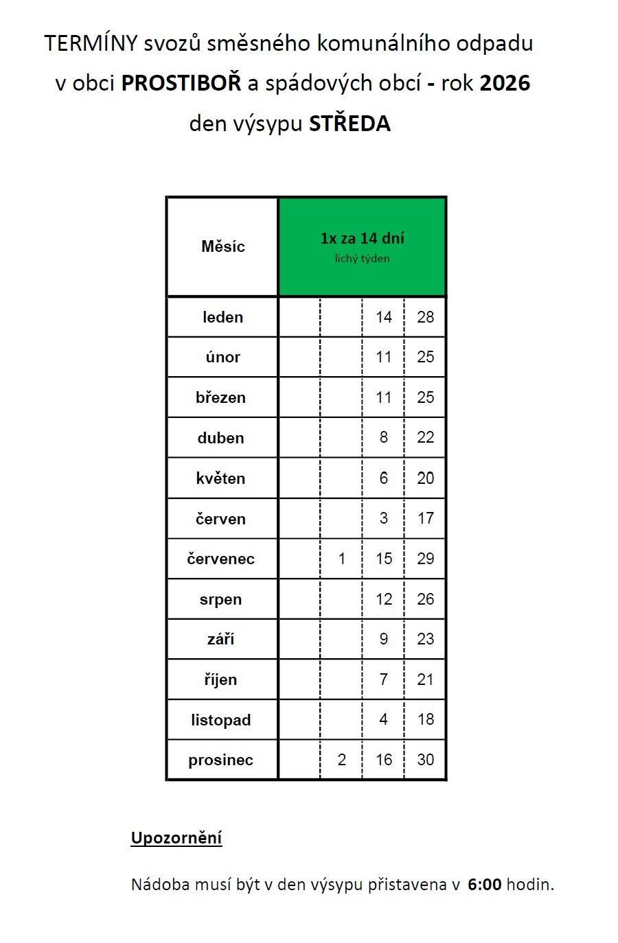 Svoz probíhá každých 14 dní, vždy ve středu (v lichém týdnu) a platí pro Prostiboř i spádové obce. Prosíme občany, aby měli popelnice přistavené nejpozději do 6:00 hodin v den svozu, aby mohl být odpad bez problémů vyvezen.     Děkujeme, že dodržujete stanovený harmonogram a pomáháte tak k plynulému zajištění svozu odpadu v obci.