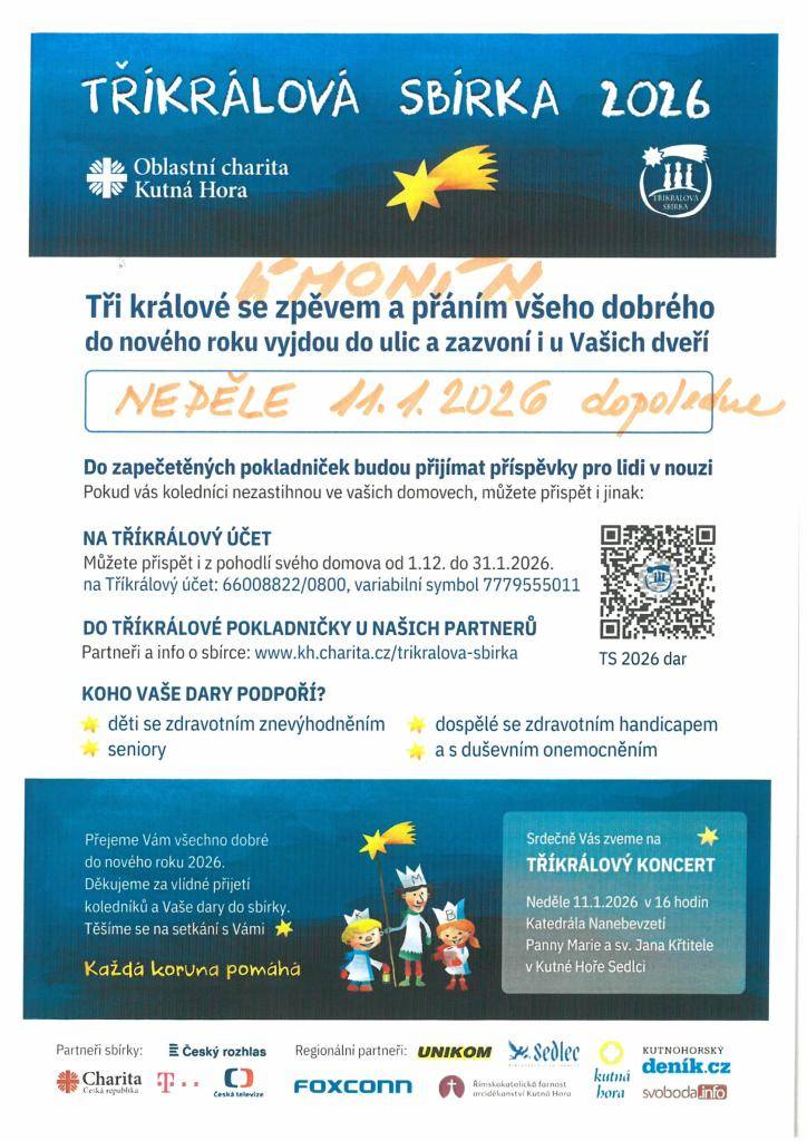 Tři králové se zpěvem a přáním všeho dobrého do nového roku vyjdou v  Úmoníně v neděli 11. ledna 2026 v dopoledních hodinách.   akce se koná pod záštitou Oblastní charity Kutná Hora.