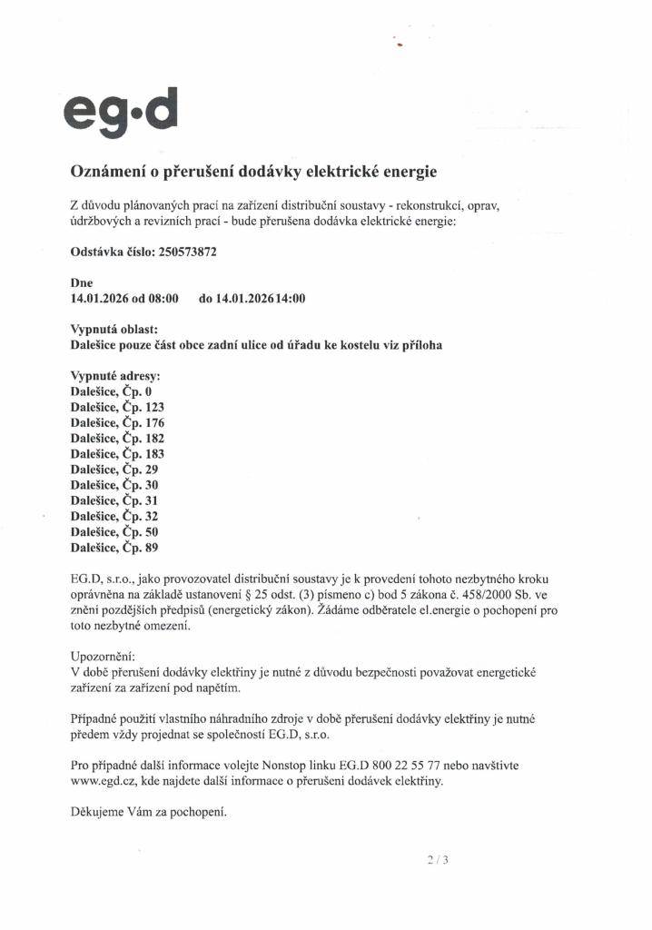 Přerušení dodávky elektr.energie 14.1.2026 od 08:00-14:00