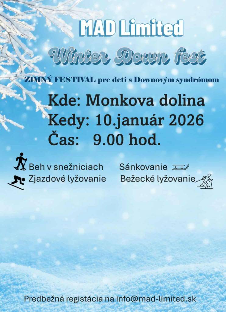 Už 10.januára 2026 sa uskutoční Zimný festival pre deti s Downovým syndrómom v Monkovej doline od 9.00 hod.  Registrácie na linku :  https://docs.google.com/.../1OXe6RXz4LwEki21jqo36.../edit...  Akékoľvek otázky a bližšie informácie na e-mailovej adrese  info@mad-limited.sk