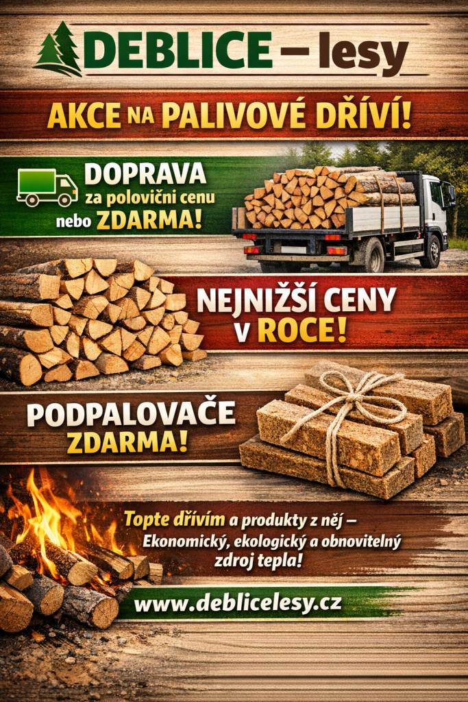 Firma DEBLICE – lesy vyhlašuje akci na dodávky palivového dříví s výhodnými podmínkami. Nabídka zahrnuje dopravu za poloviční cenu nebo zdarma, snížení cen dříví a podpalovače jako dárek pro zákazníky.
