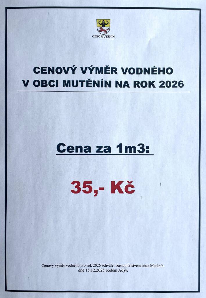 CENOVÝ VÝMĚR VODNÉHO V OBCI MUTĚNÍN NA ROK 2026.