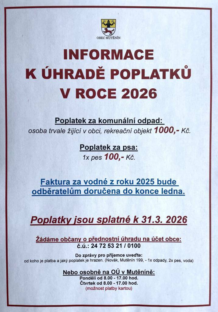 Informace k úhradě poplatků v roce 2026.