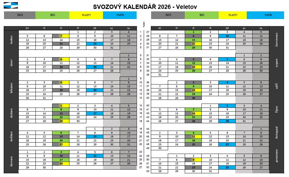 Tento týden svoz odpadu ve středu 7.1.2026 Popelnice černá - SKO Popelnice žlutá - Plasty