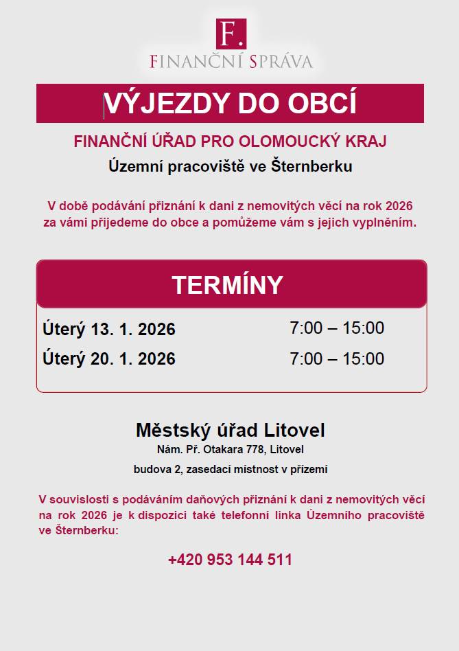 Finanční úřad pro Olomoucký kraj informuje o výjezdu do města Litovel, kde pracovníci úřadu poskytnou pomoc s vyplněním a odevzdáním daňového přiznání k dani z nemovitých věcí na rok 2026. Tato služba proběhne na Městském úřadě ve dnech 13. a 20. ledna 2026 od 7 do 15 hodin.