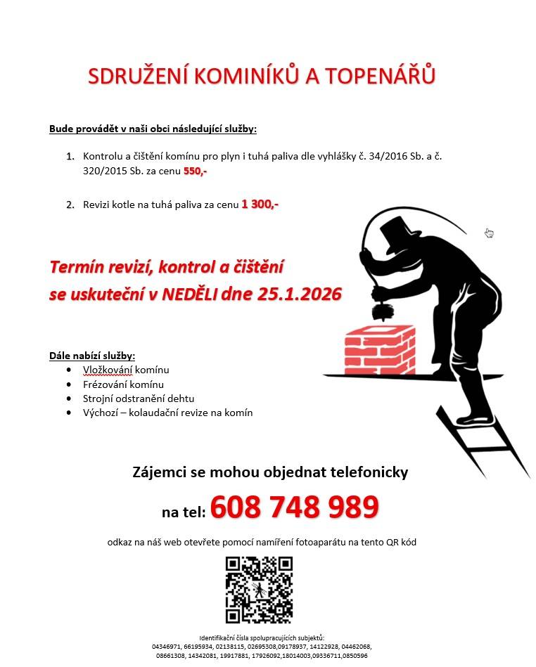 Termín revizí, kontrol a čištění   se uskuteční v NEDĚLI dne 25.1.2026