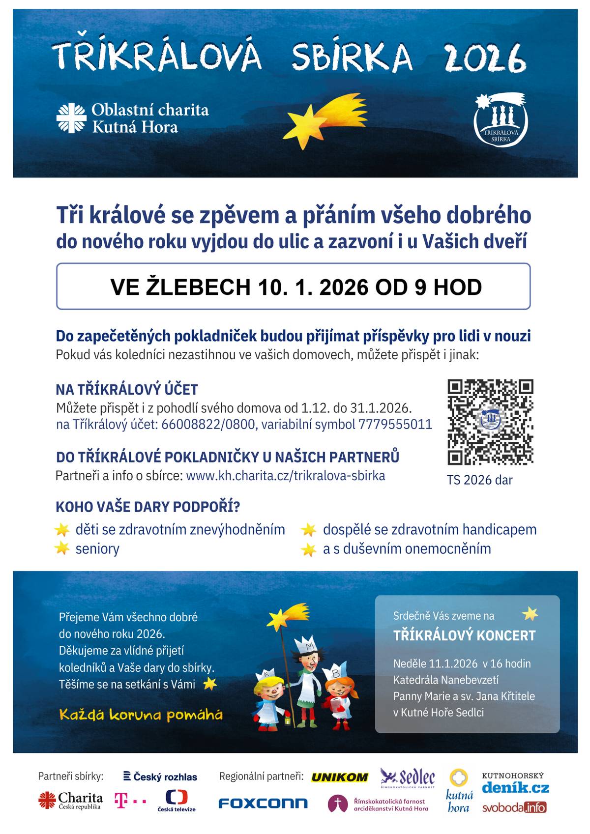 Tři králové se budou pohybovat v obci Žleby 10. 1. 2026 od 9 hod.