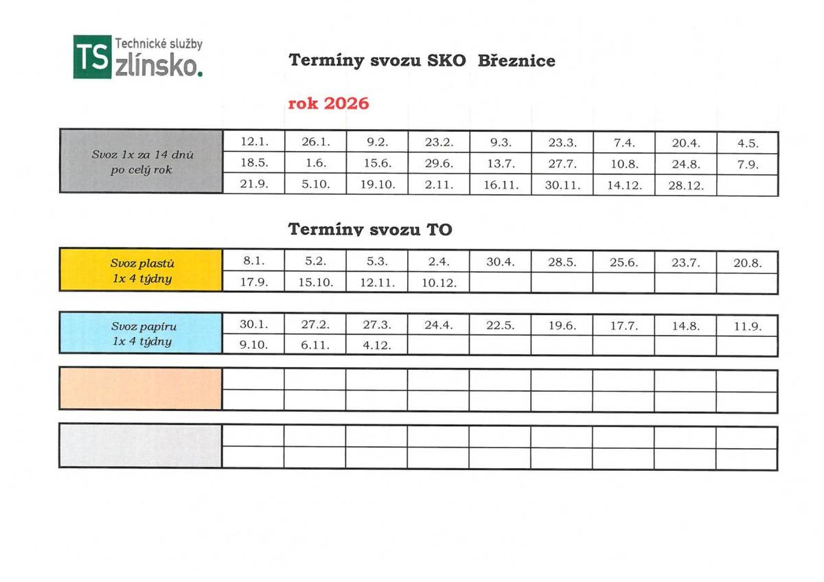 Od 01.01.2026 probíhá vývoz popelnic 1x za 14 dnů.  První svoz komunálního odpadu v letošním roce proběhne v pondělí 12.01.2026.  Plasty budou vyvezeny ve čtvrtek 08.01.2026.  Nádoby na papír přistavte prosím v pátek 30.01.2026.