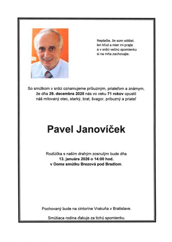 Smútočné oznámenie - Pavel Janovíček
