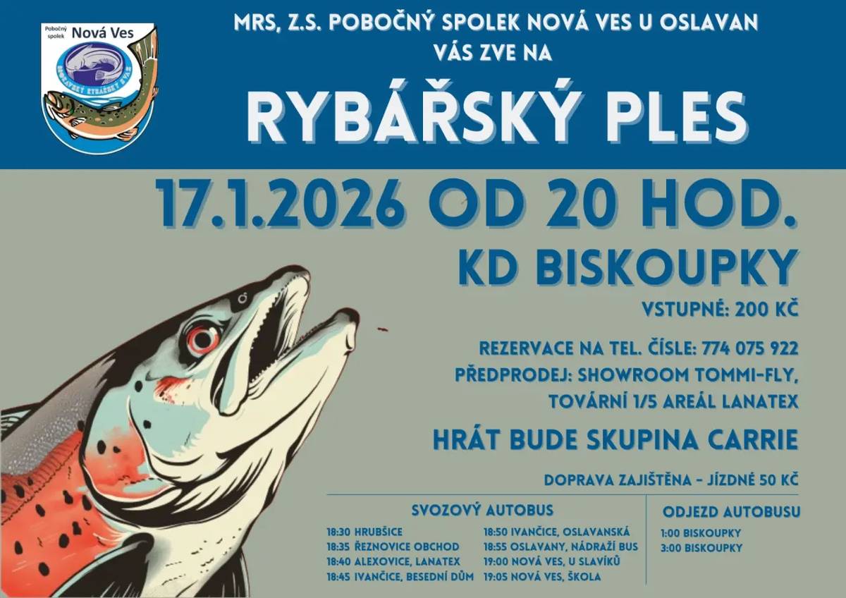Svaz rybářů Nová Ves pořádá Rybářský ples v sobotu 17.1.2026. Jste srdečně zváni.   Stále jsou VOLNÉ VSTUPENKY pro seniory. Můžete si je vyzvednout na obecním úřadě, nejpozději do pátku 9.1.2026.