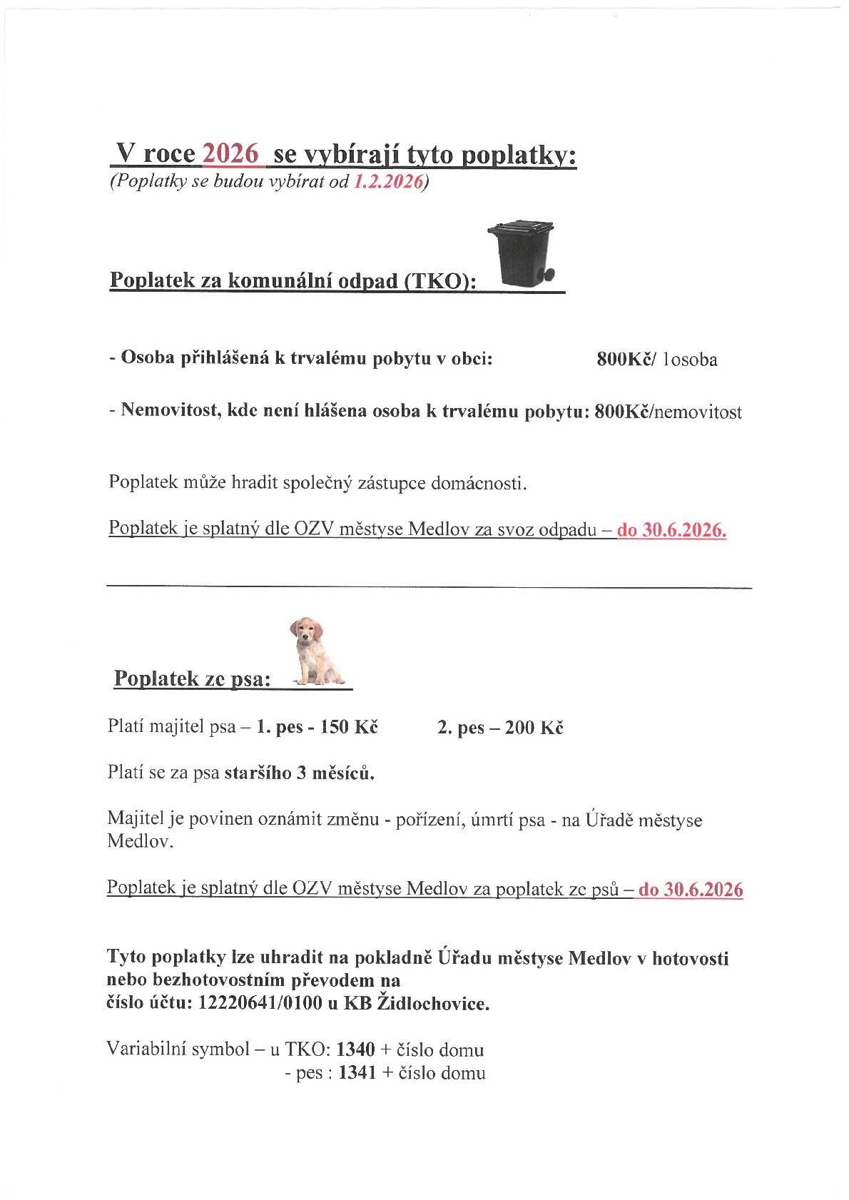 Výše místních poplatků v roce 2026. (Poplatky se budou vybírat od 1.2.2026)