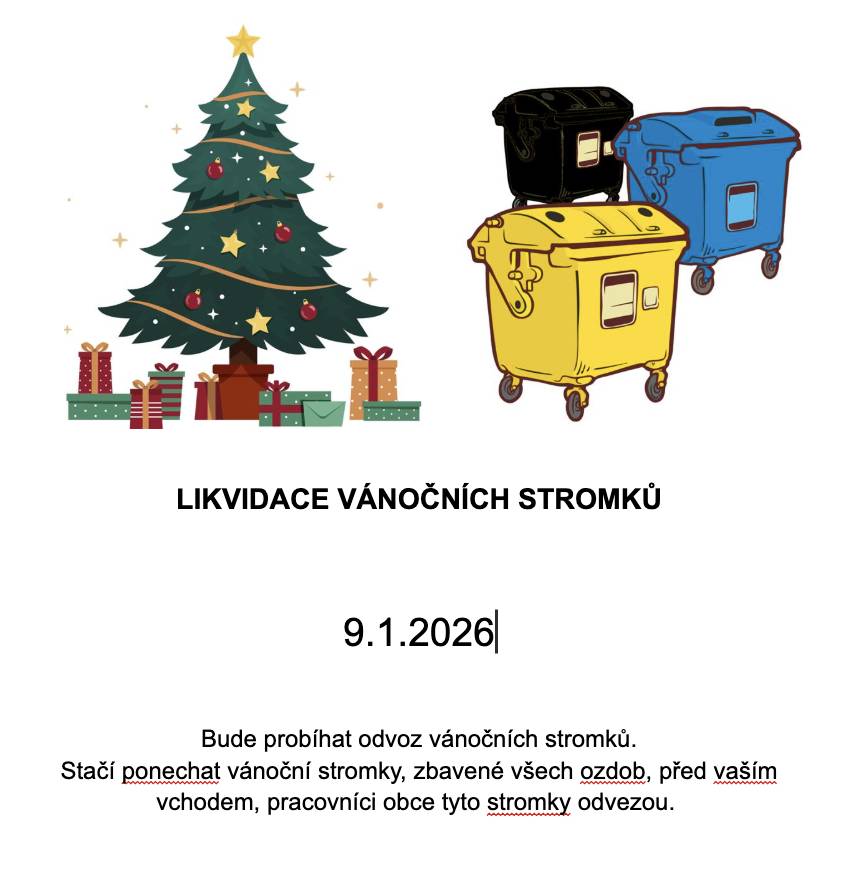 Vážení občané,  dne 9.1.2026 bude probíhat odvoz vánočních stromků. Stačí je ponechat zbavené ozdob před vaším domem, tak aby byly dotupné pro naše pracovníky. 🎄🎄🎄 Obec Karlík