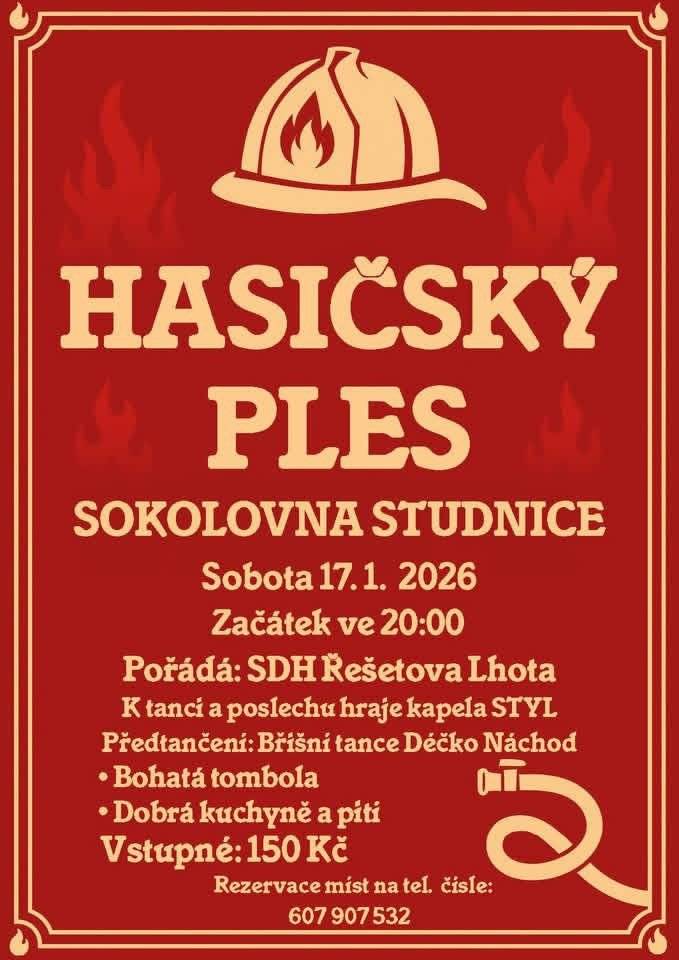 SDH Řešetova Lhota vás zve na ples - sobota 17.1.2026 od 20 hodin, sokolovna Studnice