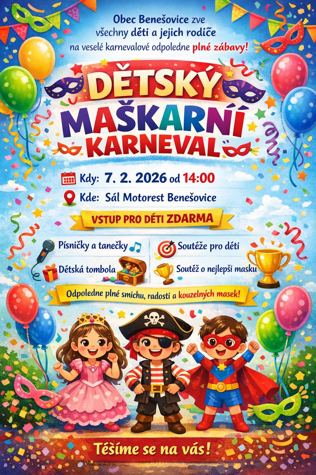 Obec Benešovice zve na dětské maškarní 7.2. 2026!