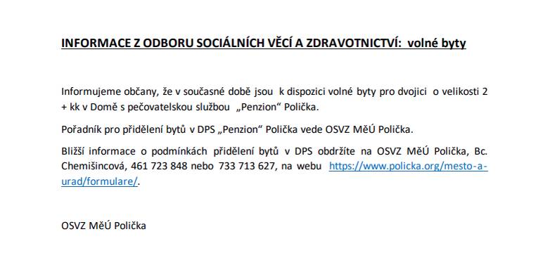 Sdílíme informaci se sociálního odboru města Poličky.
