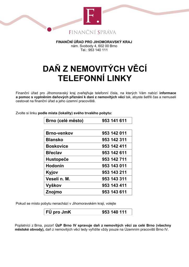 Informační letáky k telefonním linkám pro zodpovídání dotazů z oblasti daně z nemovitých věcí a informace o výjezdech do obcí.  Všechny další informace a odpovědi na dotazy k dani z nemovitých věcí naleznete na webu financnisprava.gov.cz