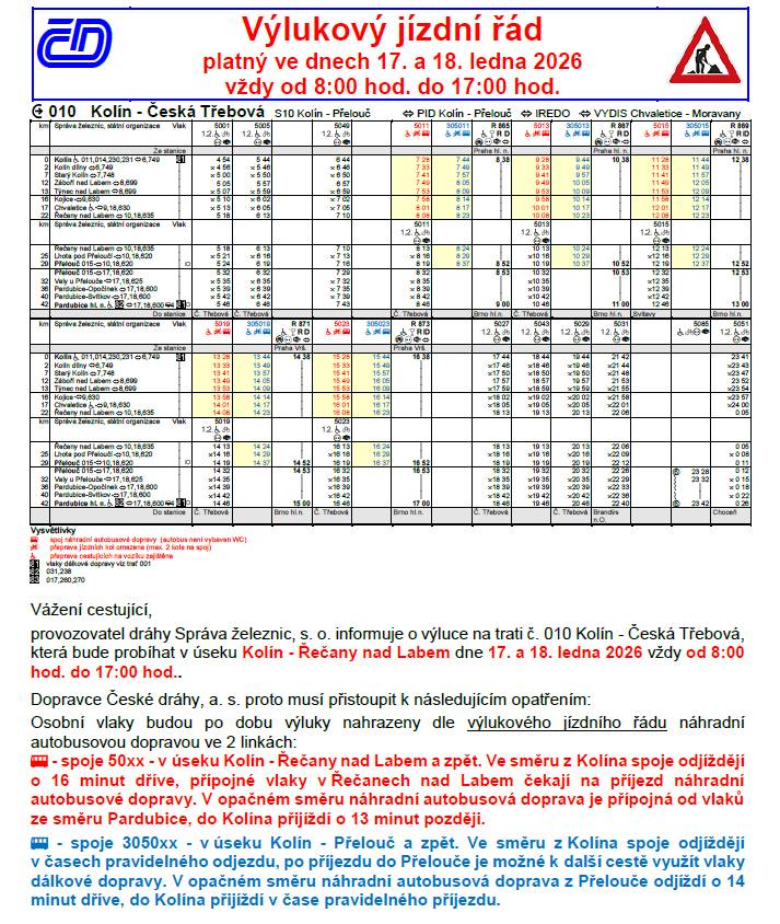 Výluka traťové koleje v úseku Záboří nad Labem - Řečany nad Labem v sobotu 17. 1. 2026 a v neděli 18. 1. 2026