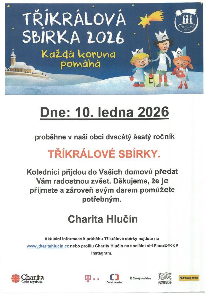 10.1.2026 proběhne v naši obci Tříkrálová sbírka.