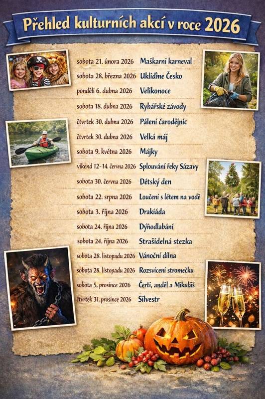 Přinášíme Vám předběžné termíny kulturních akcí v roce 2026. Upozorňujeme, že termíny se mohou v závislosti na zajištění programu, popř. kvůli nepřízni počasí ještě změnit.