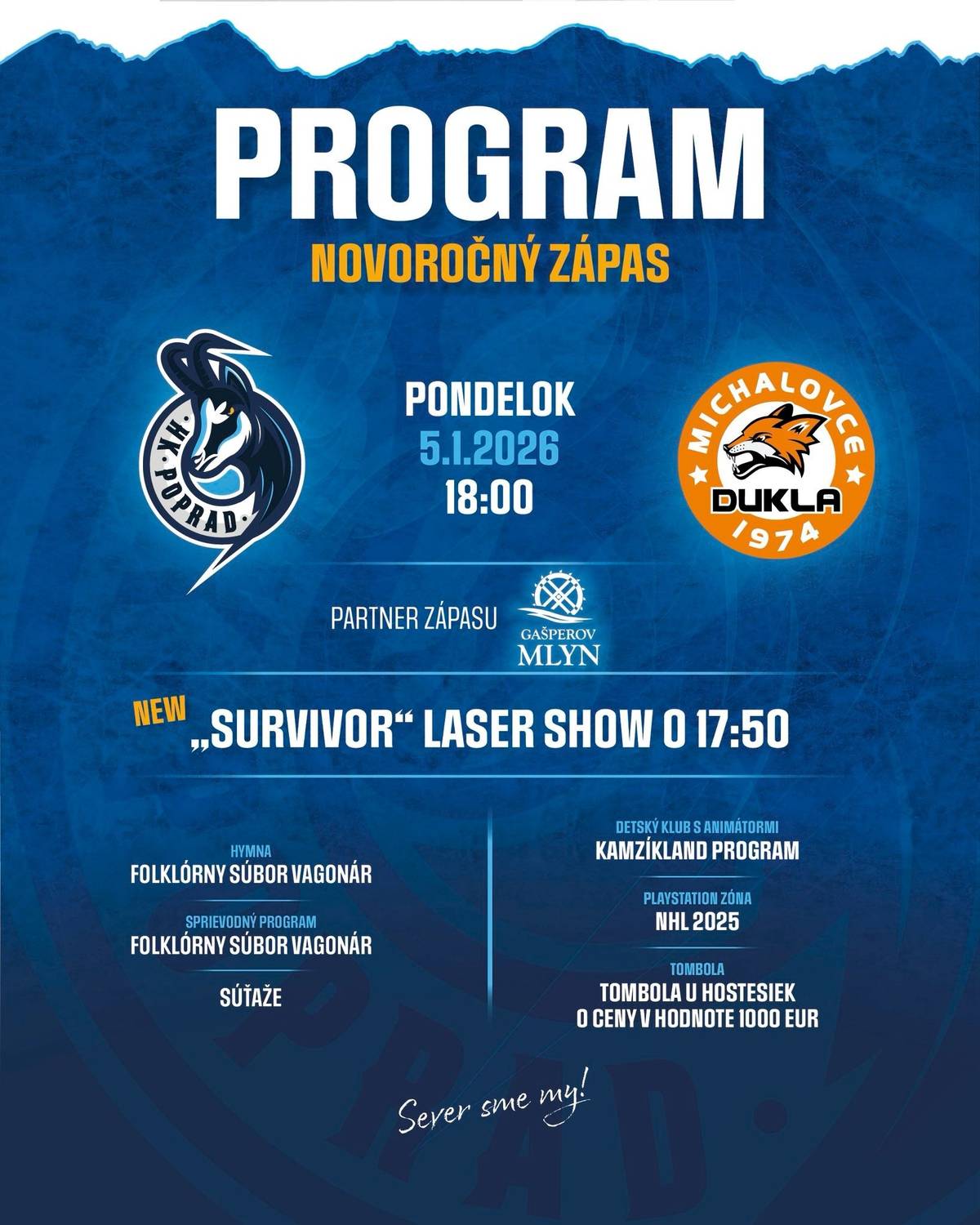 🏒Popradskí hokejisti odohrajú prvý domáci zápas v Novom roku netradične už dnes, a to v pondelok 5. januára o 18. hodine. 💪V rámci 36. kola Tipsport ligy privítajú kamzíci na ľade Zimného štadióna mesta Poprad tím HK Dukla Michalovce. 🎆Duel bude mať v prívlastok "Novoročný" a opäť Vás čaká bohatý sprievodný program. O hudobnú a tanečnú zložku sa postará Folklórny súbor Vagonár. 👌Súťažiaci si môžu odniesť výhry zo súťaží a na šťastlivcov čakajú atraktívne ceny v tombole. Nájdete si cestu na štadión aj v Novom roku? 😉