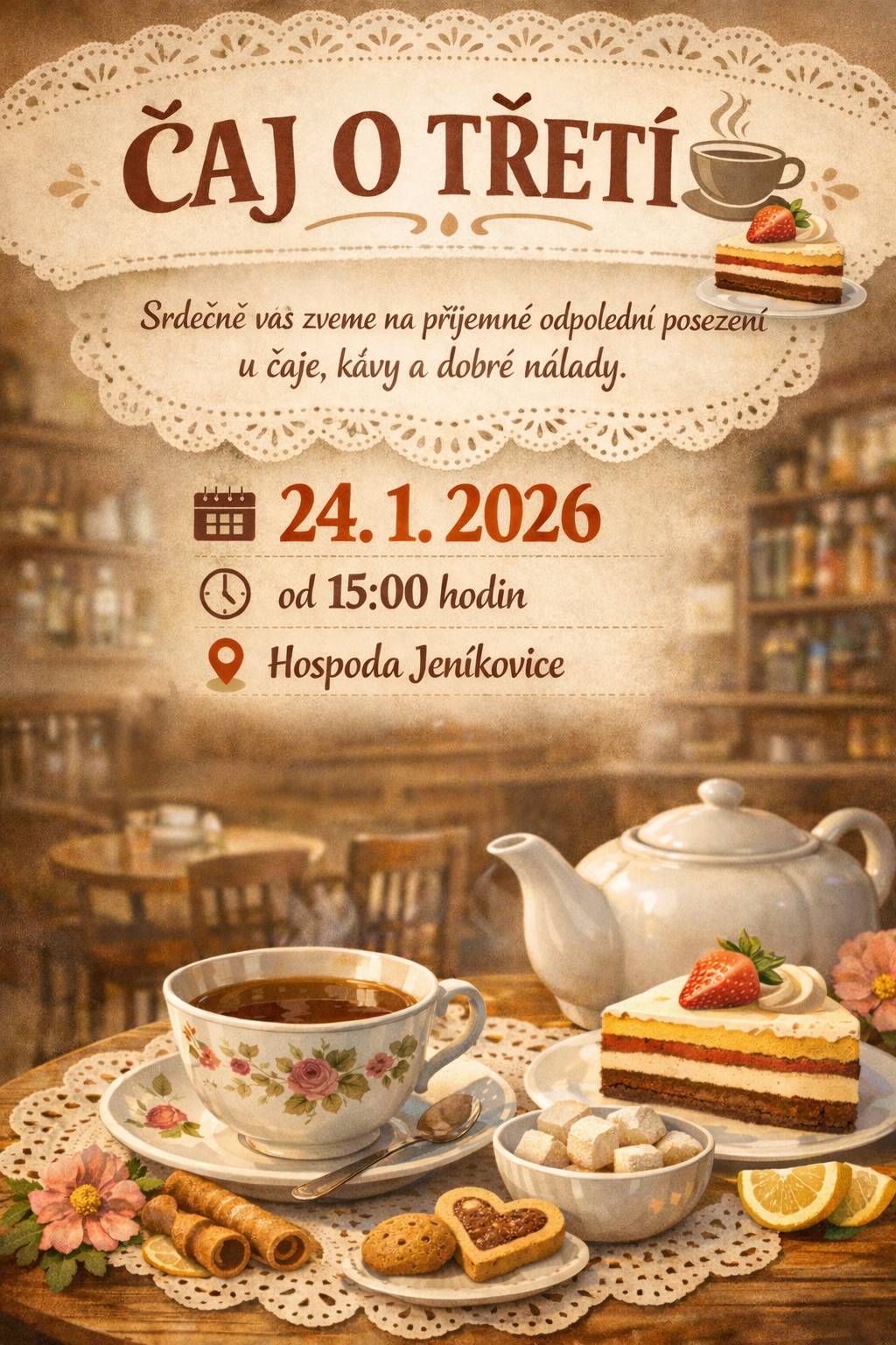 Srdečně Vás zveme na posezení u čaje, kávy a dobré nálady 24.1.2026 od 15:00 hodin v hospodě Jeníkovice