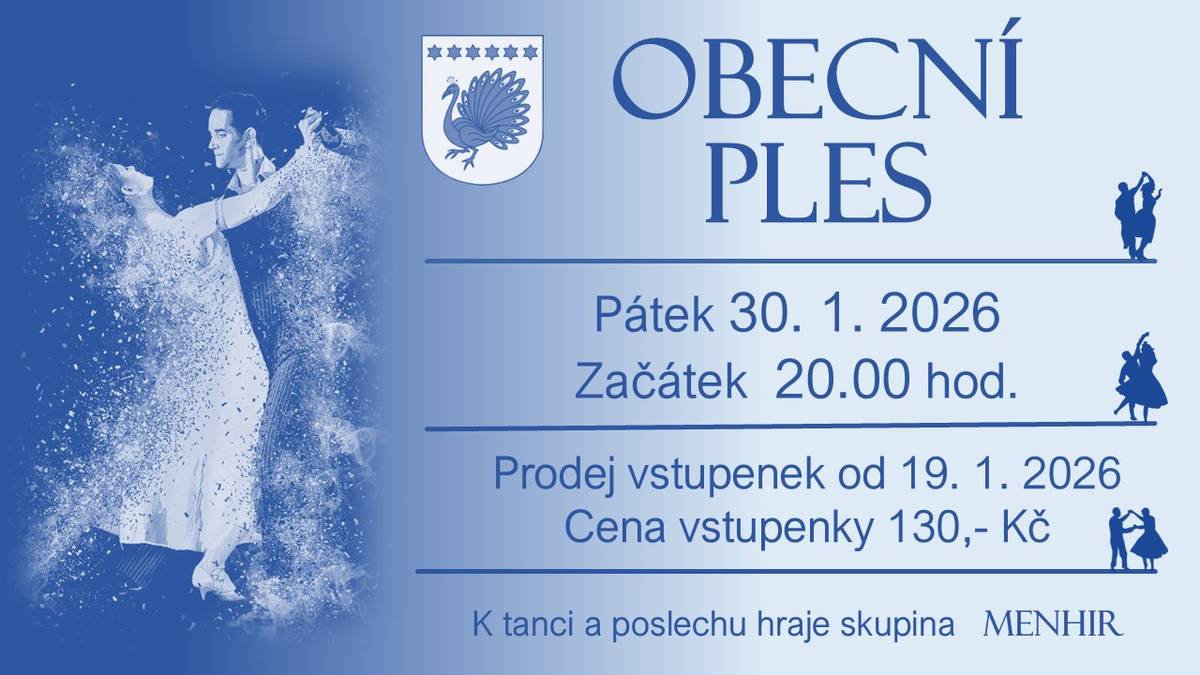 Obec Pavlov zve na Obecní ples 2026.  Předprodej vstupenek začíná v pondělí 19. ledna 2026 od 8:00 hodin.