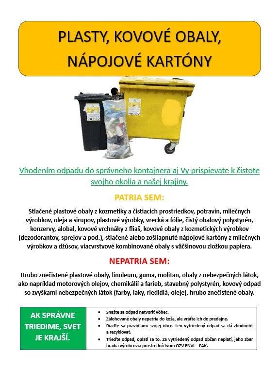 Obec Makov pripomína, že v piatok 09.01.2026 sa bude vykonávať zber plastov, tetrapakov a kovových obalov z vriec. Separ môžete všetko dať do jedného vreca.