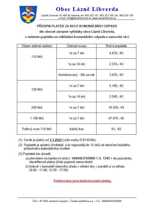 Vážení občané, pro letošní rok 2026 zůstavají předpisy plateb za komunální odpad stejné, jako v roce předchozím.