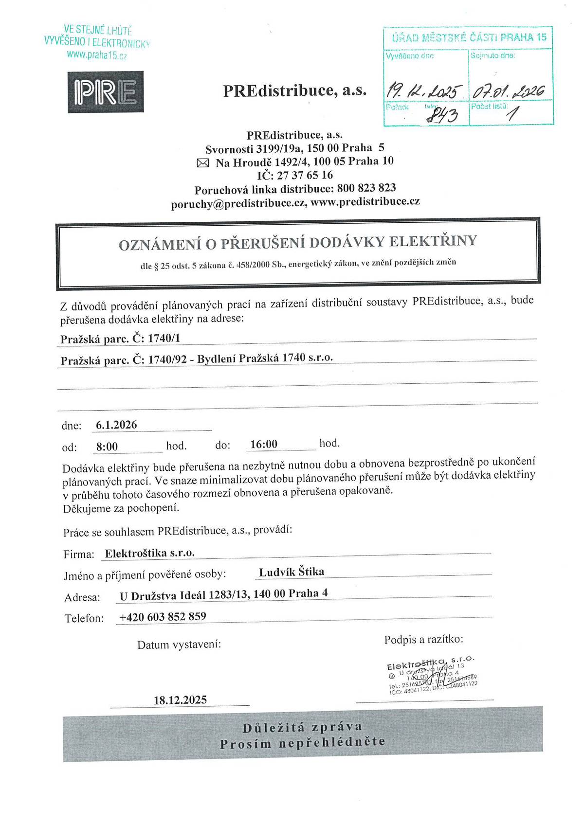 Z důvodu provádění plánovaných prací bude 6. ledna přerušena dodávka elektřiny v ulici Pražská.
