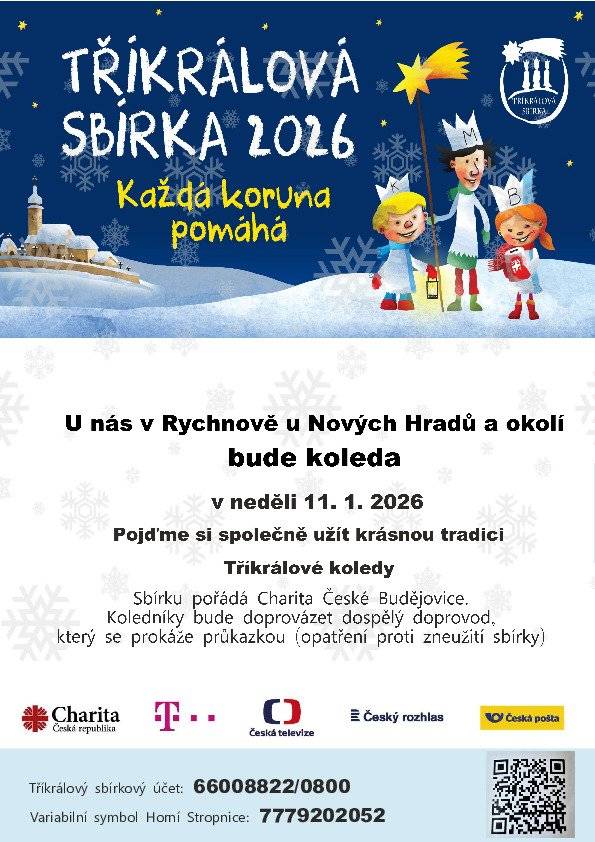 Tříkrálová sbírka v Rychnově u Nových Hradů a okolí se uskuteční dne 11.1.2026.