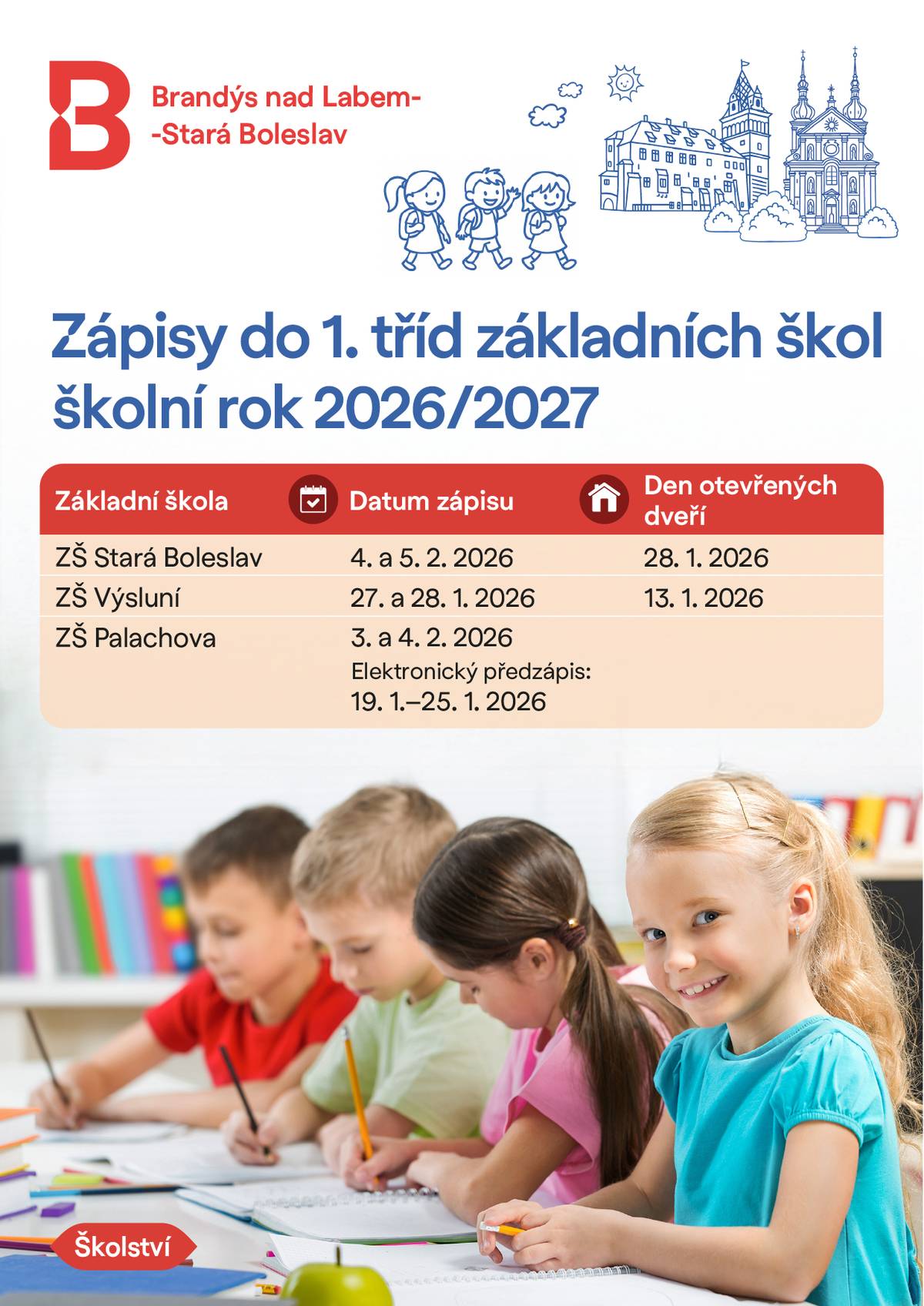 Zápisy do prvních tříd základních škol pro školní rok 2026/27 začínají mnohem dříve, než bylo doposud obvyklé. Nepropásněte tedy termíny! ZŠ Na Výsluní uvítá budoucí prvňáčky s rodiči jako první, a to v úterý 27. a ve středu 28. ledna 2026 od 13.00 do 17.00 (stejné termíny platí i pro zápis do přípravné třídy) - Elektronický předzápis bude spuštěn od pondělí 12. ledna - Den otevřených dveří proběhne příští úterý 13. ledna ZŠ Palachova má termín zápisů stanoven na úterý 3. a středu 4. února 2026 od 13.30 do 16.30 - Elektronický předzápis bude spuštěn od pondělí 19. ledna Zápis na ZŠ Stará Boleslav proběhne ve středu 4. a ve čtvrtek 5. února 2026 (v budově „Školiček“) od 13.00 do 17.00 - Elektronický předzápis bude spuštěn od pondělí 19. ledna - Den otevřených dveří proběhne ve středu 28. ledna
