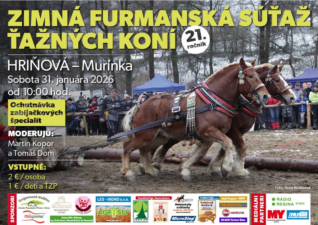 Mesto Hriňová a Svojpomocné družstvo jednotlivo hospodáriacich roľníkov vás srdečne pozývajú na tradičné podujatie, ktoré oslavuje silu, vytrvalosť a krásu ťažných koní. Príďte zažiť neopakovateľnú atmosféru furmanských pretekov, ktoré patria k vrcholom zimnej sezóny v našom regióne.