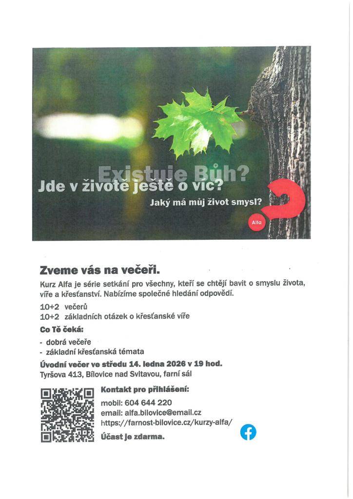 úvodní večer - středa 14.01.2026 v 19 hodin  Tyršova 413, Bílovice nad Svitavou, farní sál