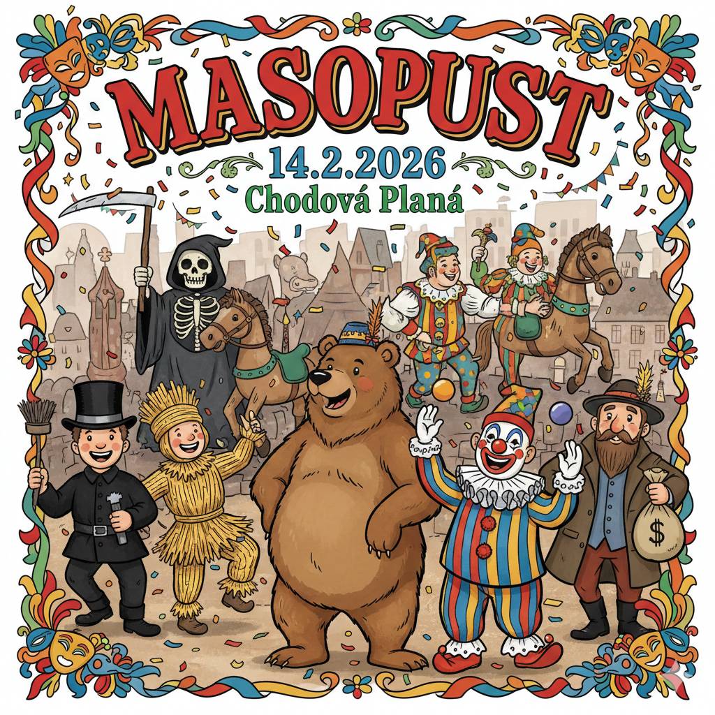 Vážení spoluobčané, v sobotu 14. února 2026 se v městysi Chodová Planá uskuteční již tradiční masopustní průvod. Každým rokem se k této oblíbené akci postupně připojují další z vás tím, že pro masopustní průvod připraví občerstvovací zastávku a přispějí tak k jedinečné atmosféře celého dne. Velmi si této iniciativy vážíme a děkujeme všem, kteří se zapojují. Pokud by se i někdo z vás chtěl v letošním roce připojit a připravit vlastní občerstvovací zastávku, prosíme, aby kontaktoval místostarostu Davida Hanka  📞 tel.: 608 218 718 ✉️ e-mail: hanko@chodovaplana.cz Zájemce prosíme, aby se ozvali nejpozději do 18. ledna 2026. Na základě přihlášených zastávek bude následně naplánována trasa masopustního průvodu. Rádi bychom se i v letošním roce drželi již zažité trasy průvodu, vedené od školy směrem na Planou. Předpokládanými body trasy jsou zejména: Start: ZŠ Chodová Planá – sídliště Lučina – hasičárna – Sadová - Slunečná - Slovany - Pohraniční stráže – konec: kulturní dům. Průvod bude ukončen v místním kulturním domě, kde budou připraveny zabijačkové pochoutky a následovat bude valentýnsko-masopustní veselice. Přijďte s námi udržet masopustní tradici živou a podílet se na veselí, které k Chodové Plané neodmyslitelně patří 🎭🥨