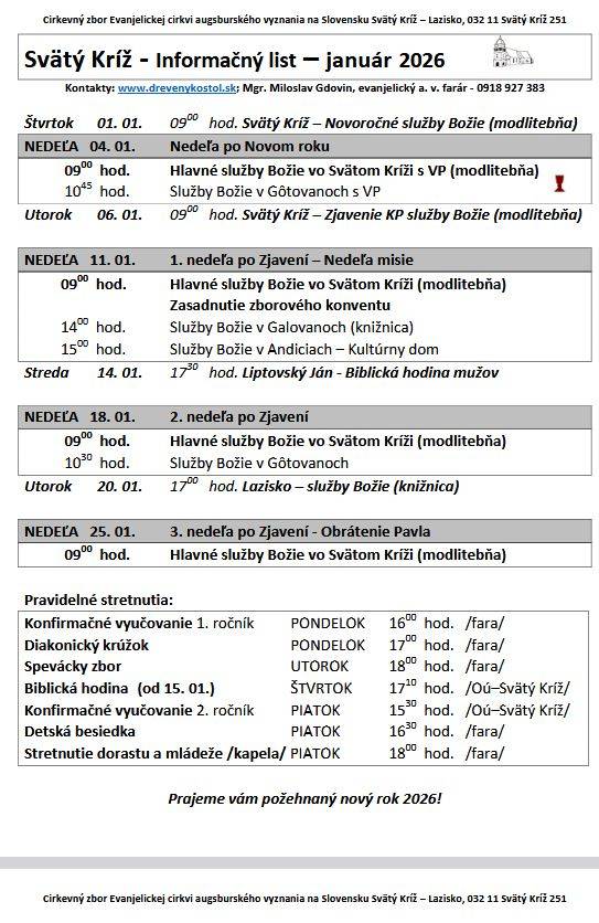 Rozpis bohoslužobných podujatí na mesiac január.