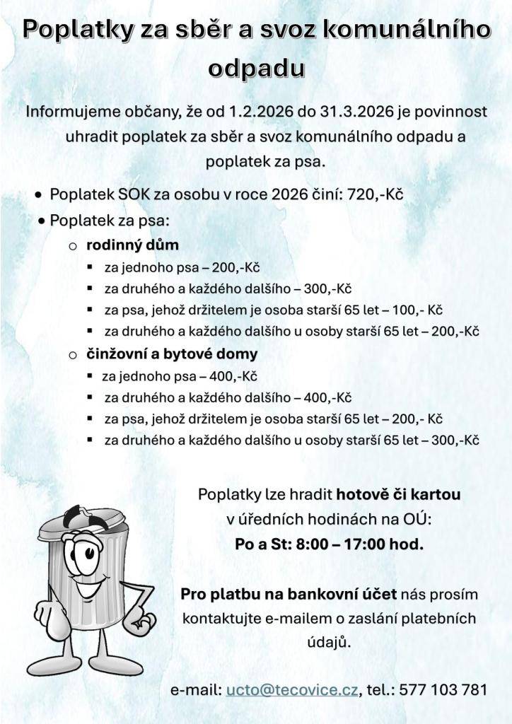 Vážení občané,  v příspěvku jsou uvedeny informace k poplatkům pro rok 2026.