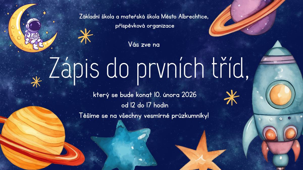 Základní škola a mateřská škola Město Albrechtice, příspěvková organizace, zve rodiče a budoucí prvňáčky k zápisu do prvních tříd. Zápis se uskuteční v úterý 10. února 2026 v čase od 12:00 do 17:00 hodin v budově základní školy.