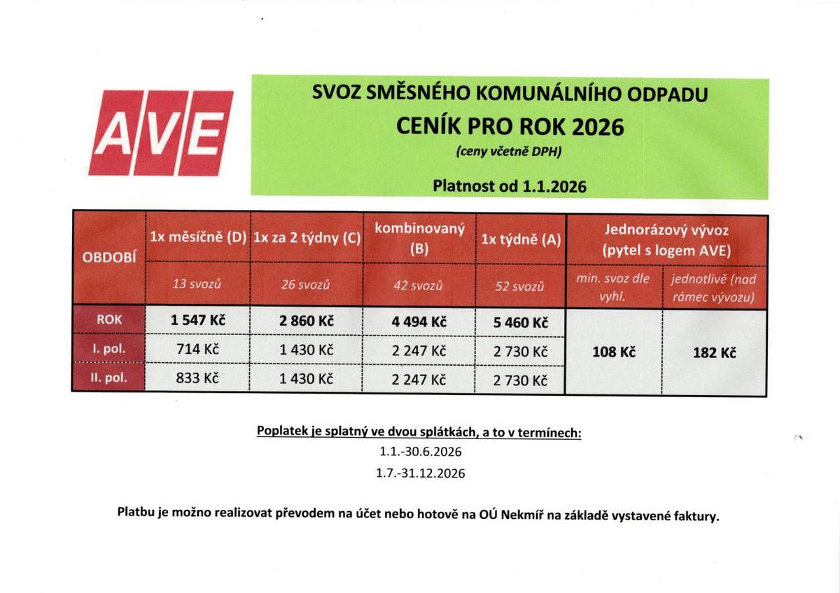 Ceník směsného komunálního odpadu pro rok 2026.
