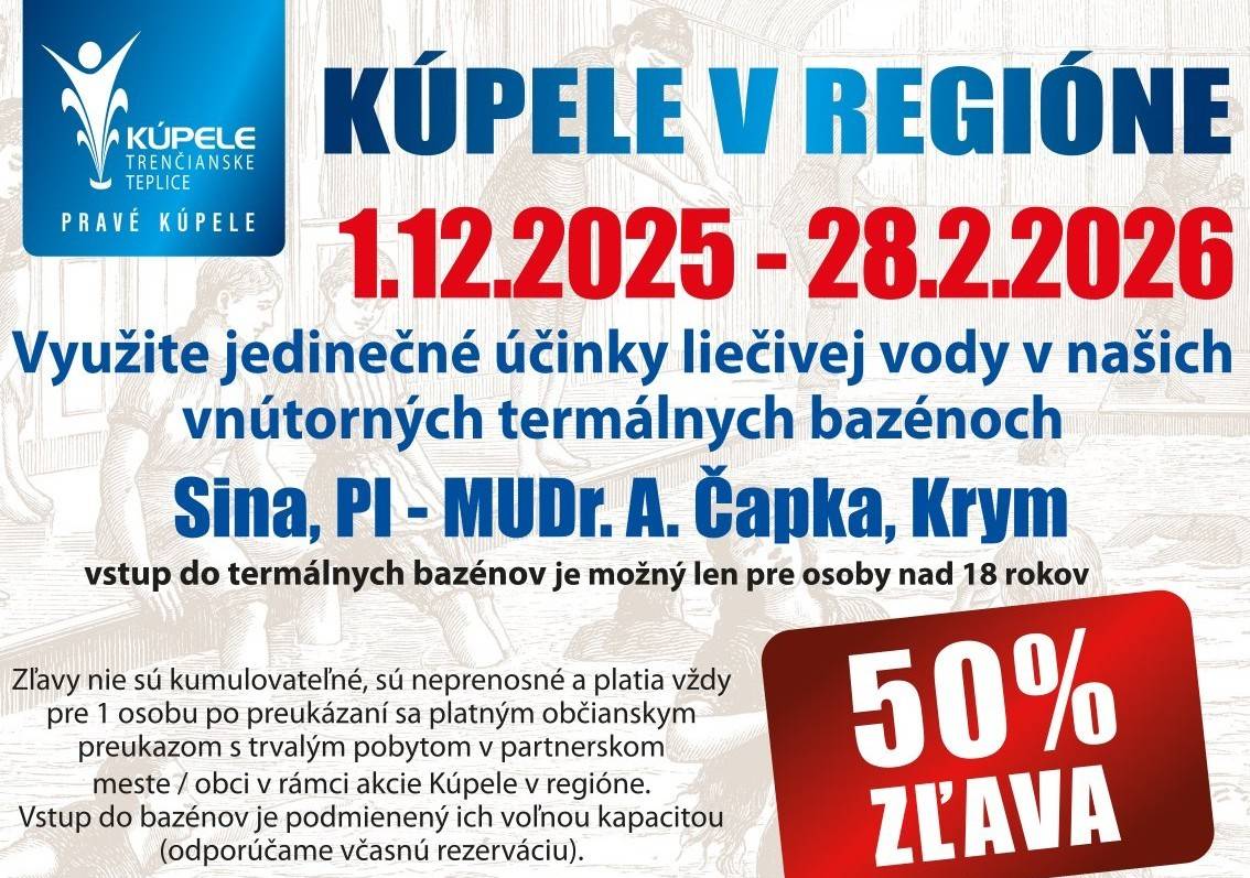 Ak máte trvalý pobyt v Trenčíne, môžete si ešte do konca februára 2026 dopriať jedinečné účinky liečivej vody vo vnútorných termálnych bazénoch Kúpeľov Trenčianske Teplice za polovičné vstupné. Ide o bazény Sina, PI – MUDr. A. Čapka a Krym. Do bazénov sa dostanete po zakúpení si vstupenky v Predaji procedúr (budova Kaštieľ).  Vstup je možný len pre osoby nad 18 [...]Čítať viac...