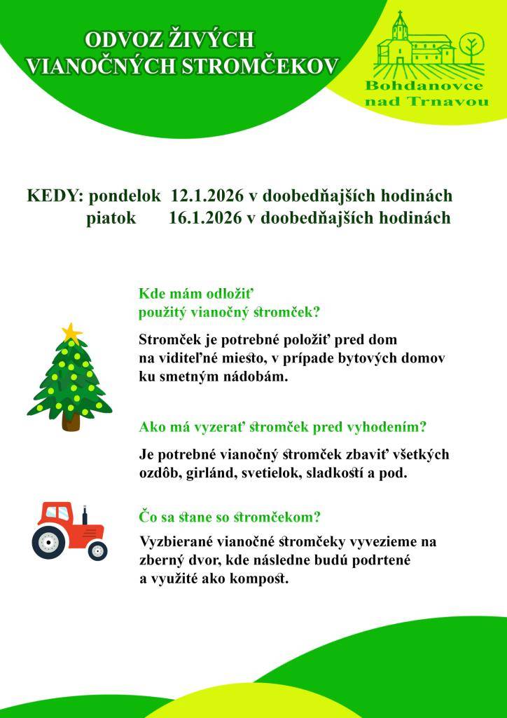 Oznamujeme občanom, že zber živých vianočných stromčekov sa uskutoční v pondelok 12. januára 2026 a v piatok 16. januára 2026. Prosíme, aby ste stromčeky v uvedené dni vyložili pred svoje domy.
