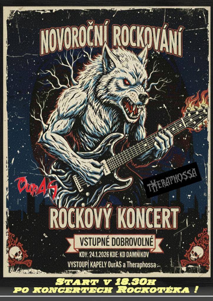 Přijďte na koncert, který se koná 24. ledna 2026 v kulturním domě Damníkov. Vystoupí kapely OurAS a Theraphossa, začátek je naplánován na 18:30. Vstupné je dobrovolné a po koncertech se můžete těšit na rockotéku.