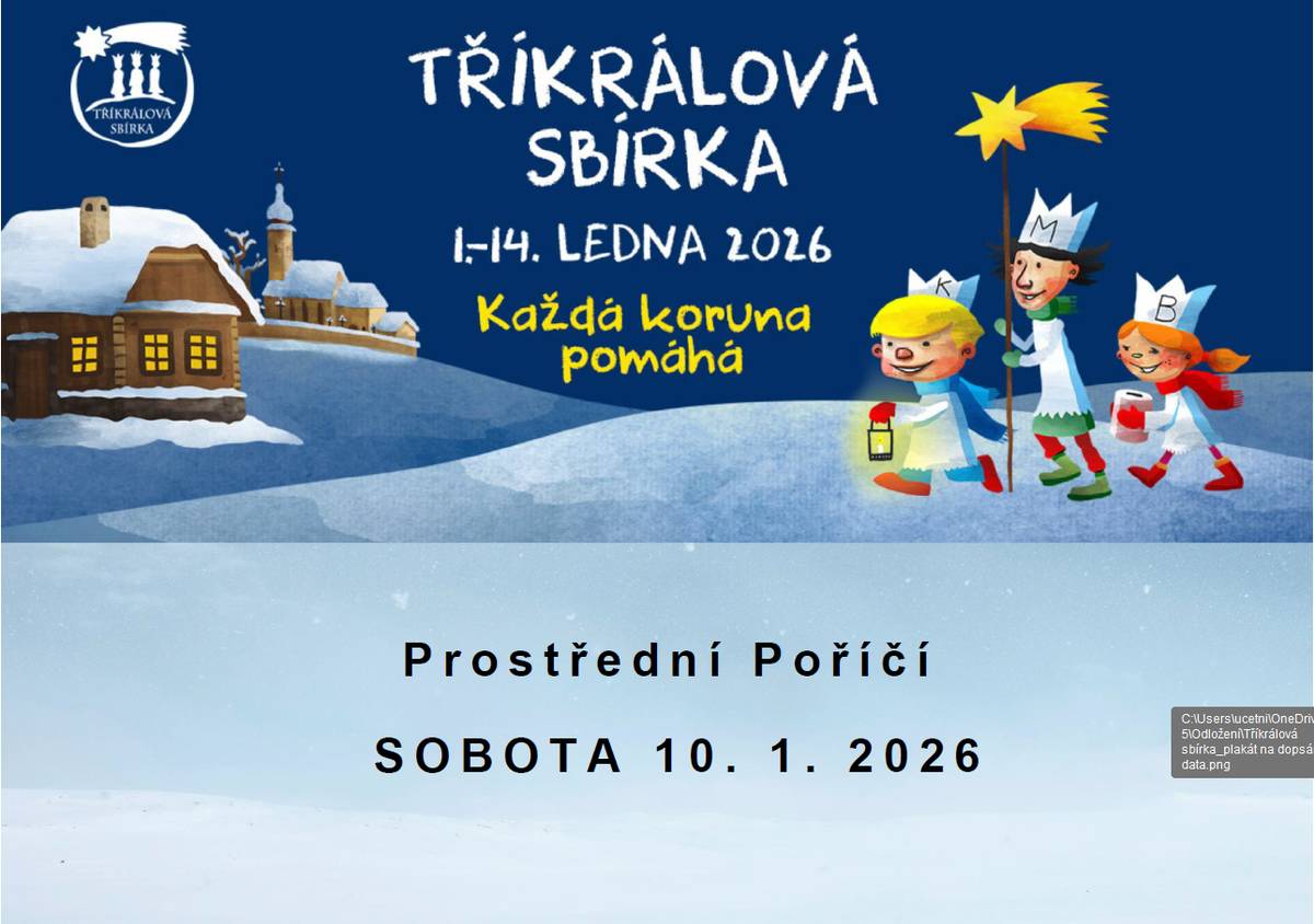 V sobotu 10.1. budou naší obcí procházet koledníci Tříkrálové sbírky. Potkat koledníky můžete v dopoledních hodinách. Výtěžek sbírky pomůže nevyléčitelně nemocným prostřednictvím Mobilního hospice sv. Martina, seniorům, rodinám s dětmi v těžké životní situaci a lidem, kteří se ocitnou v náhlé životní krizi. Dobrovolné příspěvky pomohou lidem v nouzi přímo z našeho okolí. Děkujeme všem, kteří Tříkrálovou sbírku podpoříte.