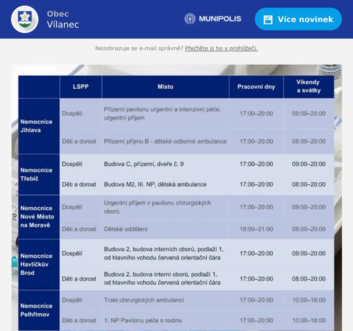 Lékařské pohotovosti na Vysočině od nového roku pouze s minimálními změnamiOd 1. 1. 2026 přešlo zajištění lékařských pohotovostí na zdravotní pojišťovny. Pro obyvatele Kraje Vysočina se ale v praxi nic zásadního nemění. Pohotovostní služby zůstávají i nadále v krajských nemocnicích  a zubní pohotovosti budou stejně jako dosud fungovat podle harmonogramu v jednotlivých zubních ordinacích.